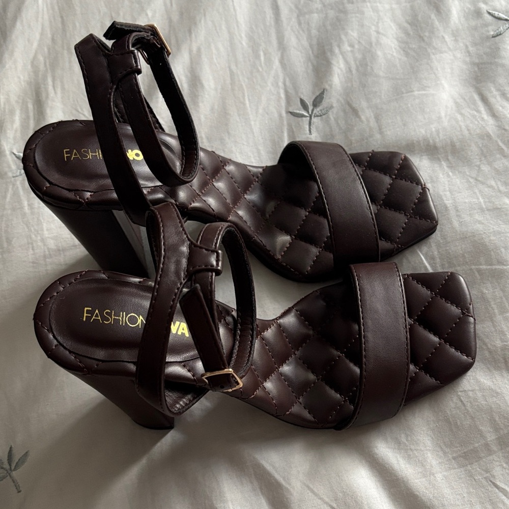 Fashion Nova Quilted Dark Brown Block Heel Sandals